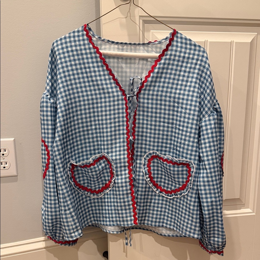 Blue Gingham Cardigan with Red Trim